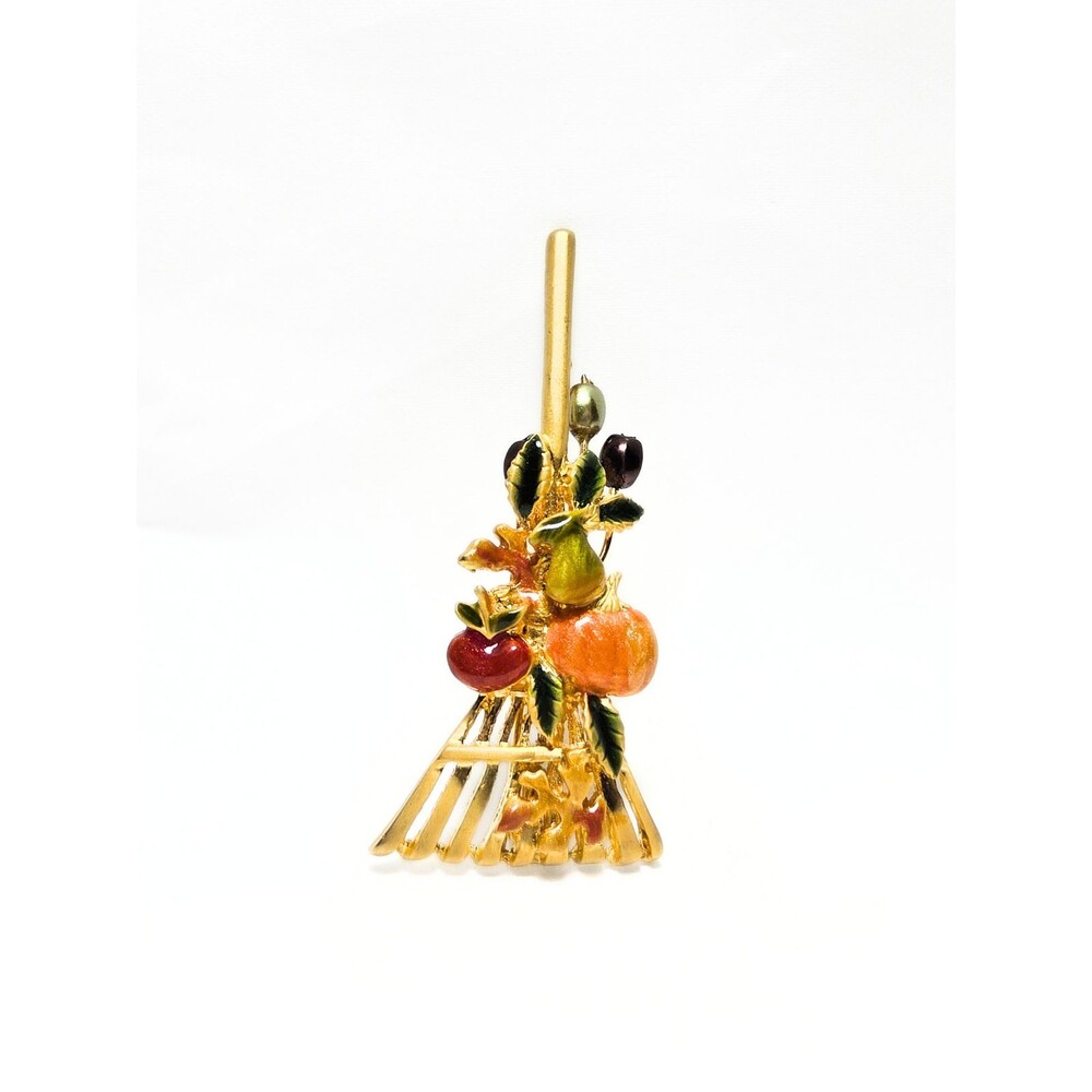 Harvest Fruit Basket Brooch Gold Tone Enamel Pear Pumpkin Apple Pin